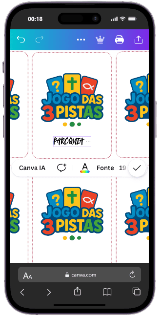 Jogo das 3 Pistas sendo personalizado no Canva pelo celular